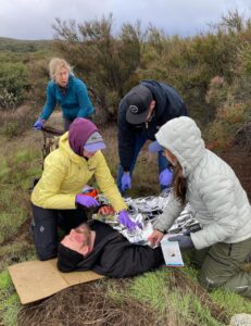 Simulation of rescuing someone in the wilderness. Man on stretcher being cared for by other people.